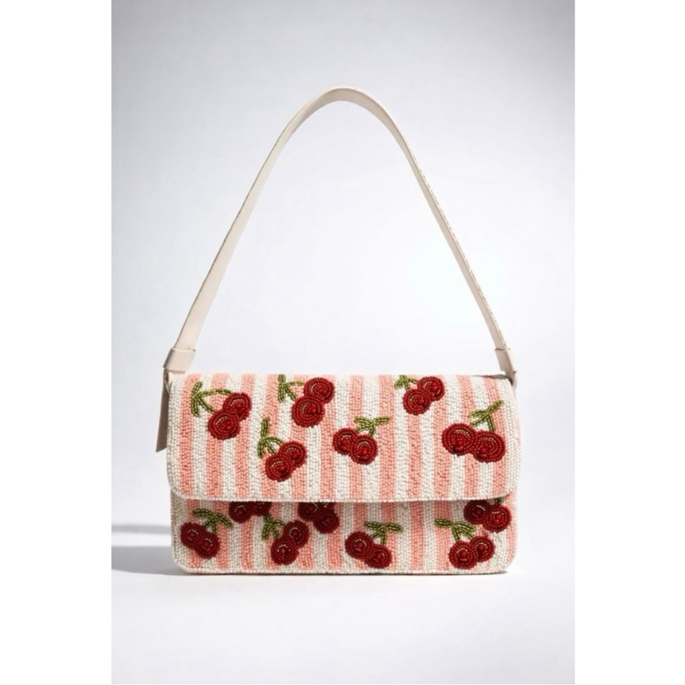 NWT Handcrafted in India Viral Beaded Cherry Shoulder Bag Cherries Pink Striped